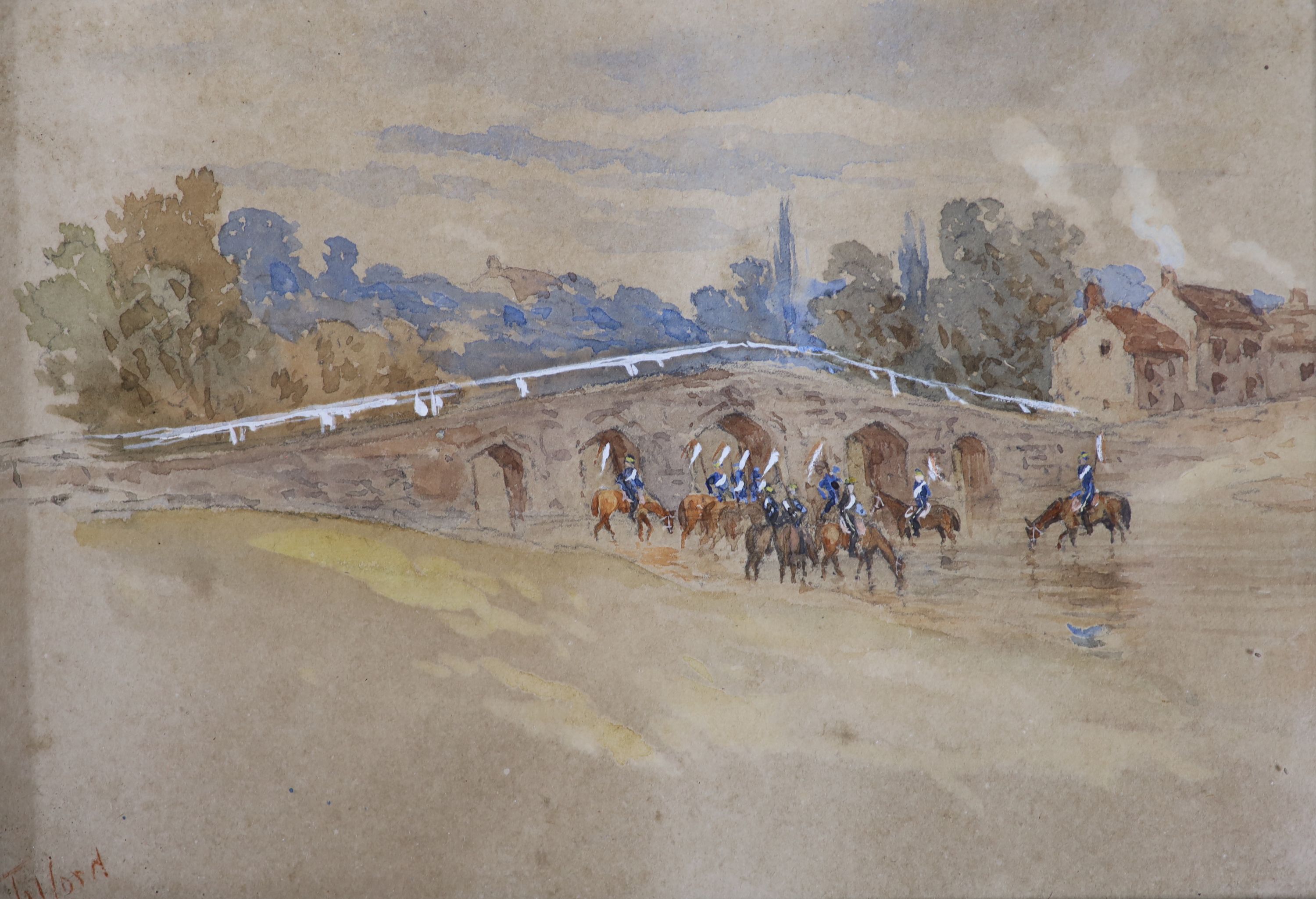 Tilford, watercolour, Cavalrymen watering horses in a landscape, signed, 12 x 17cm